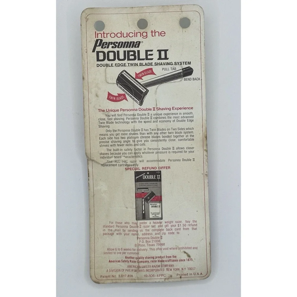 Vintage‎ Personna Double II Razor 2 Blades On 2 Sides Philip Morris American